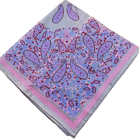 Vintage Scarf Silky Gray Pink Blue Bandana Square Acetate Paisley Print Neck Tie - Picture 1 of 7